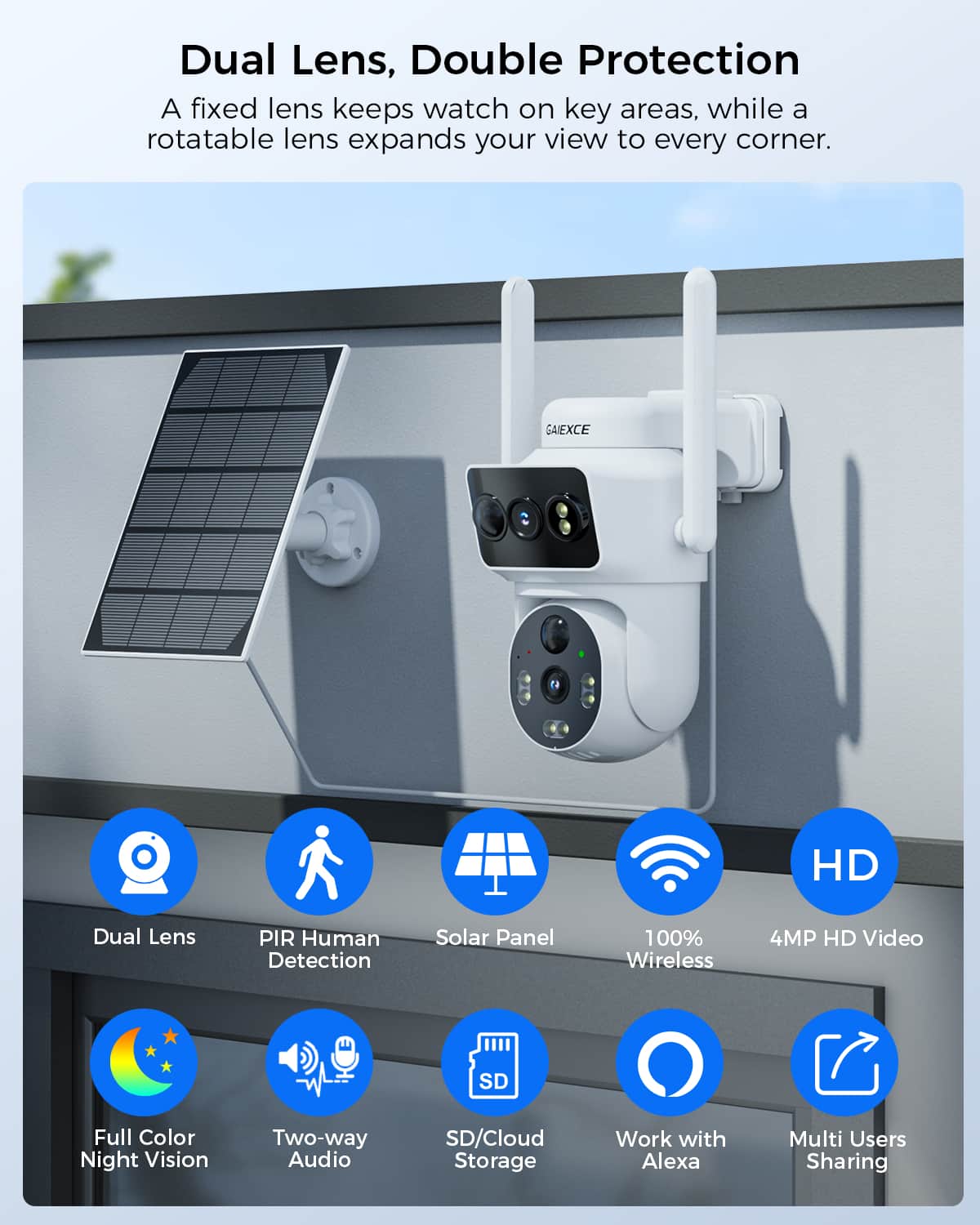 4MP Wireless 2.4G & 5G Solar Dual Lens PTZ 360° Camera with Two-Way Audio